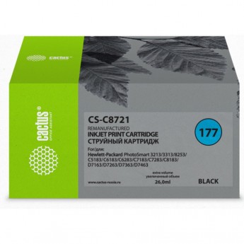 Струйный картридж CACTUS CS-C8721 (HP 177) для HP PhotoSmart 3100, 3210, 3213, 3310, 3313, C5183, C6100, C6183, C6200, C6283, C7183, C7200, C7280, C7283, C8183, D7100, D7160, D7163, D7300, D7363, D7463, черный, 26 мл Струйный картридж CACTUS CS-C8721 (HP 177) для HP PhotoSmart 3100, 3210, 3213, 3310, 3313, C5183, C6100, C6183, C6200, C6283, C7183, C7200, C7280, C7283, C8183, D7100, D7160, D7163, D7300, D7363, D7463, черный, 26 мл