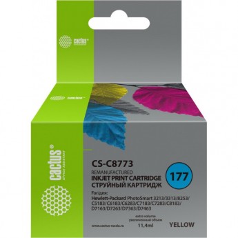 Струйный картридж CACTUS CS-C8773 (HP 177) для HP PhotoSmart 3100, 3210, 3213, 3310, 3313, C5183, C6100, C6183, C6200, C6283, C7183, C7200, C7280, C7283, C8183, D7100, D7160, D7163, D7300, D7363, D7463, желтый, 11,4 мл Струйный картридж CACTUS CS-C8773 (HP 177) для HP PhotoSmart 3100, 3210, 3213, 3310, 3313, C5183, C6100, C6183, C6200, C6283, C7183, C7200, C7280, C7283, C8183, D7100, D7160, D7163, D7300, D7363, D7463, желтый, 11,4 мл