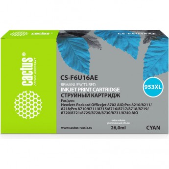 Струйный картридж CACTUS CS-F6U16AE (HP 953XL) для HP OfficeJet 7720 Pro, 7730 Pro, 7740 Pro, 8210 Pro, 8218 Pro, 8710 Pro, 8715 Pro, 8716 Pro, 8720 Pro, 8725 Pro, 8728 Pro, 8730 Pro, 8740 Pro, увеличенной емкости, голубой, 26 мл Струйный картридж CACTUS CS-F6U16AE (HP 953XL) для HP OfficeJet 7720 Pro, 7730 Pro, 7740 Pro, 8210 Pro, 8218 Pro, 8710 Pro, 8715 Pro, 8716 Pro, 8720 Pro, 8725 Pro, 8728 Pro, 8730 Pro, 8740 Pro, увеличенной емкости, голубой, 26 мл