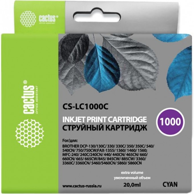 Струйный картридж Cactus (LC1000C) для принтеров Brother DCP-130c, 330c, 350c, 357c, 540cn, 560cn, 750cw, 770cw, MFC-240c, 440cn, 465cn, 660cn, 680cn, 845cw, 885cw, 3360c, 5460cn, голубой, 20 мл CS-LC1000C Струйный картридж Cactus (LC1000C) для принтеров Brother DCP-130c, 330c, 350c, 357c, 540cn, 560cn, 750cw, 770cw, MFC-240c, 440cn, 465cn, 660cn, 680cn, 845cw, 885cw, 3360c, 5460cn, голубой, 20 мл CS-LC1000C