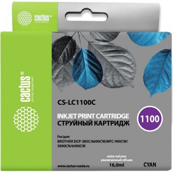 Струйный картридж CACTUS CS-LC1100C (LC1100C) для принтеров Brother DCP-185c, 383c, 385c, 387c, 395cn, 585cw, J715w, 6690cw, MFC-490cw, J615w, 790cw, 795cw, 990cw, 5490cn, 5890cn, 5895cw, 6490cw, голубой, 16 мл Струйный картридж CACTUS CS-LC1100C (LC1100C) для принтеров Brother DCP-185c, 383c, 385c, 387c, 395cn, 585cw, J715w, 6690cw, MFC-490cw, J615w, 790cw, 795cw, 990cw, 5490cn, 5890cn, 5895cw, 6490cw, голубой, 16 мл