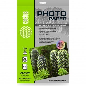 Фотобумага CACTUS CS-GSA613050 A6 130г/м2 глянцевая самоклеящаяся для струйной печати 50л Фотобумага CACTUS CS-GSA613050 A6 130г/м2 глянцевая самоклеящаяся для струйной печати 50л