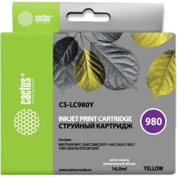 Струйный картридж CACTUS CS-LC980Y (LC980Y) для принтеров Brother DCP-145c, 163c, 165c, 167c, 195c, 197c, 365cn, 375cw, 377cw, MFC-250c, 255cw, 257cw, 290c, 295cn, 297c, желтый, 16 мл Струйный картридж CACTUS CS-LC980Y (LC980Y) для принтеров Brother DCP-145c, 163c, 165c, 167c, 195c, 197c, 365cn, 375cw, 377cw, MFC-250c, 255cw, 257cw, 290c, 295cn, 297c, желтый, 16 мл